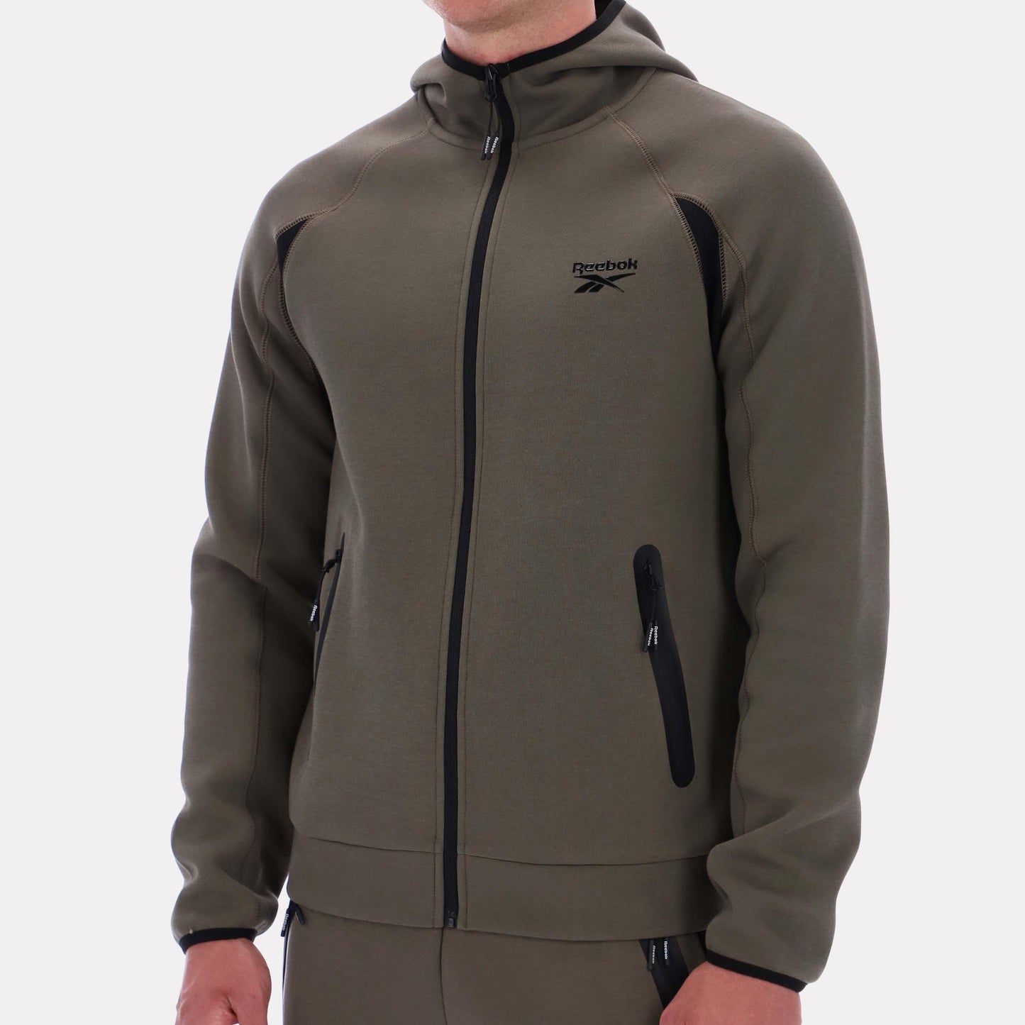 Reebok Apparel Men Reebok Contrast Panel Zip Hoodie ARMY GREEN