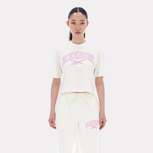 Reebok Apparel Women Varsity Logo Cropped T-Shirt VINTAGE CHALK