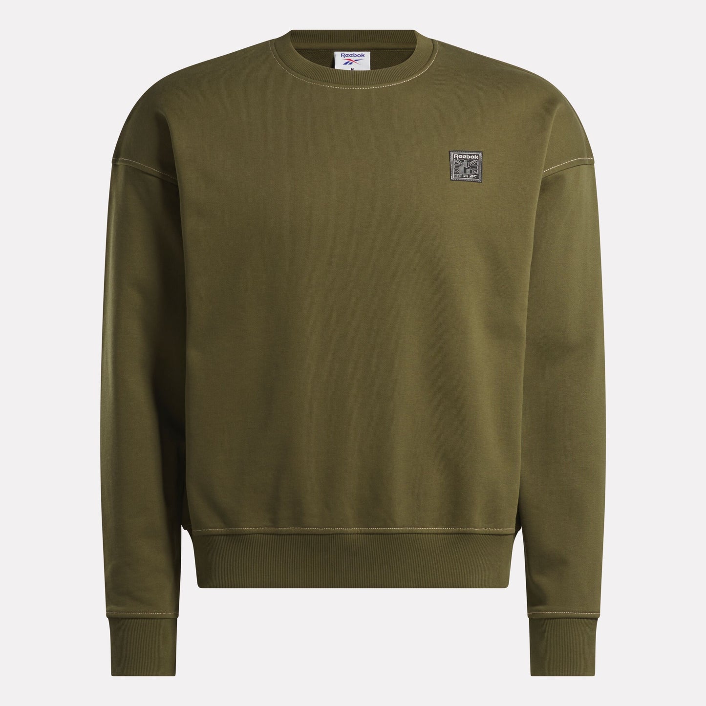 REEBOK APPAREL MEN Forge Standard Patch Logo Crewneck Sweatshirt OLIVE STONE