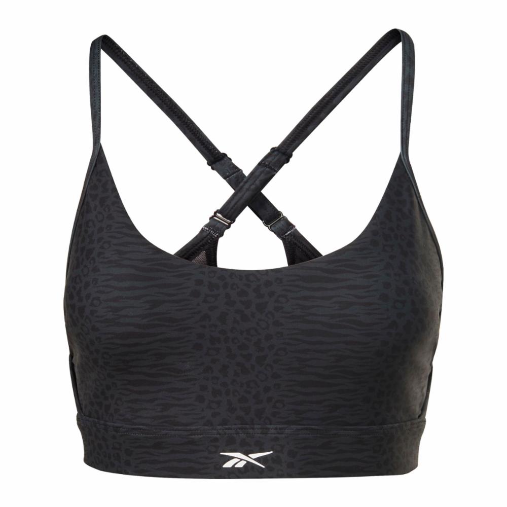 Reebok Apparel Women Lux Strappy Sports Modern Safari Print Bra BLACK