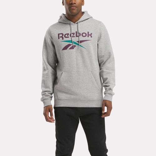 Reebok Apparel Men Reebok Identity Fleece Stacked Logo Pullover Hoodie MGREYH/MIDNIGHT PLUM