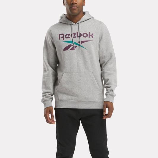 Reebok Apparel Men Reebok Identity Fleece Stacked Logo Pullover Hoodie MGREYH/MIDNIGHT PLUM