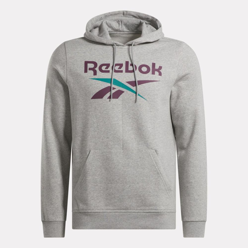 Reebok Apparel Men Reebok Identity Fleece Stacked Logo Pullover Hoodie MGREYH/MIDNIGHT PLUM