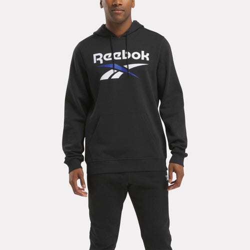 Reebok Apparel Men Reebok Identity Fleece Stacked Logo Pullover Hoodie BLACK/BOUNDLESS BLUE