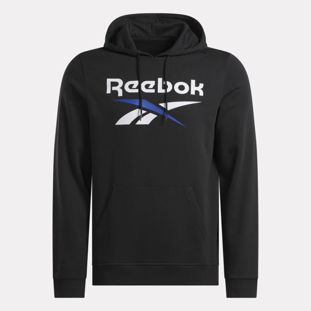 Reebok Apparel Men Reebok Identity Fleece Stacked Logo Pullover Hoodie BLACK/BOUNDLESS BLUE