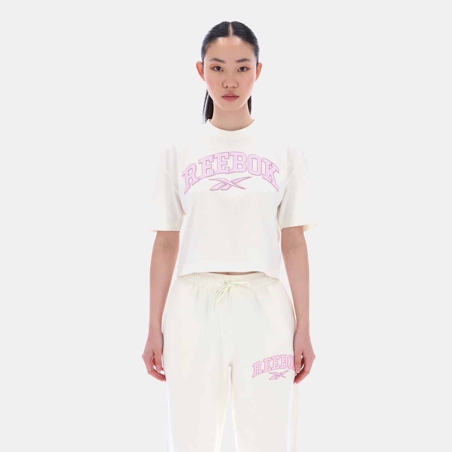 Reebok Apparel Women Varsity Logo Cropped T-Shirt VINTAGE CHALK