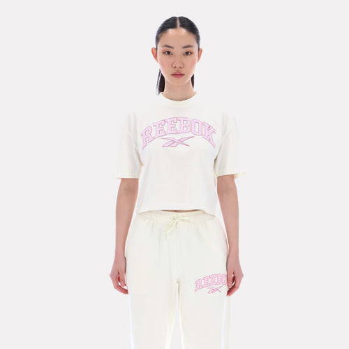 Reebok Apparel Women Varsity Logo Cropped T-Shirt VINTAGE CHALK