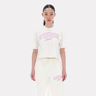 Reebok Apparel Women Varsity Logo Cropped T-Shirt VINTAGE CHALK