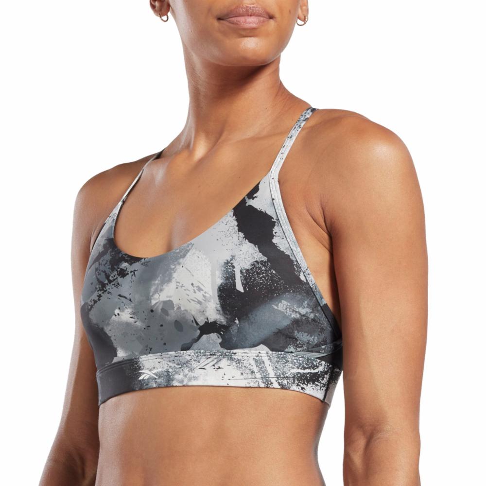 Reebok Apparel Women Lux Strappy All Over Print Bold Bra BLACK