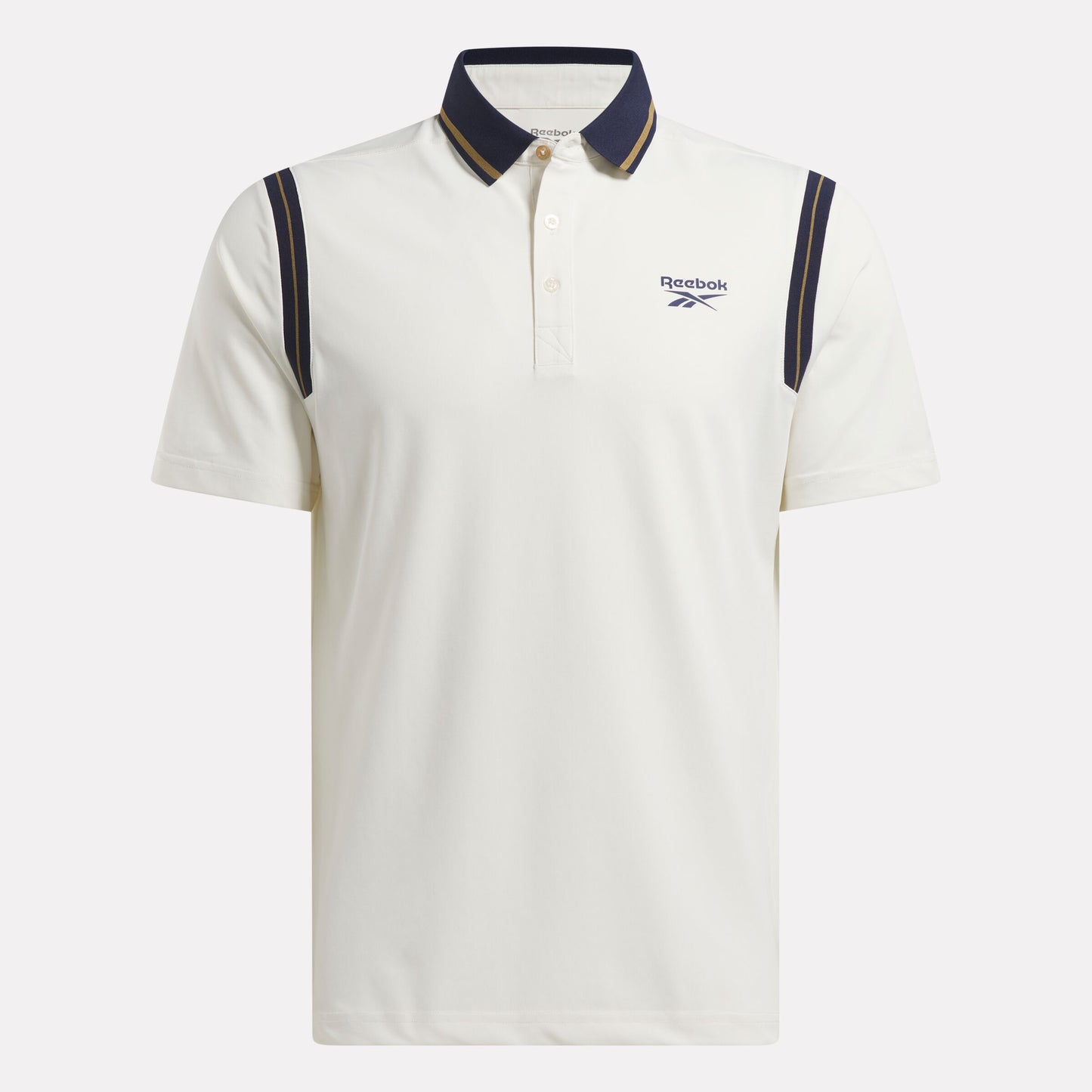 REEBOK APPAREL MEN Varsity Golf Short Sleeve Polo CHALK/GOLD/VECTOR NAVY