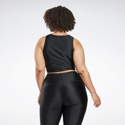 Reebok Apparel Women Shiny Yoga Scribble Crop Tank Top (Plus Size) Black