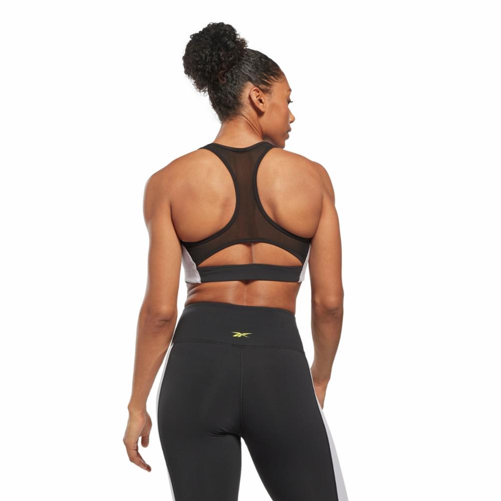 Reebok Lux mid support bra with racer back in black colour block